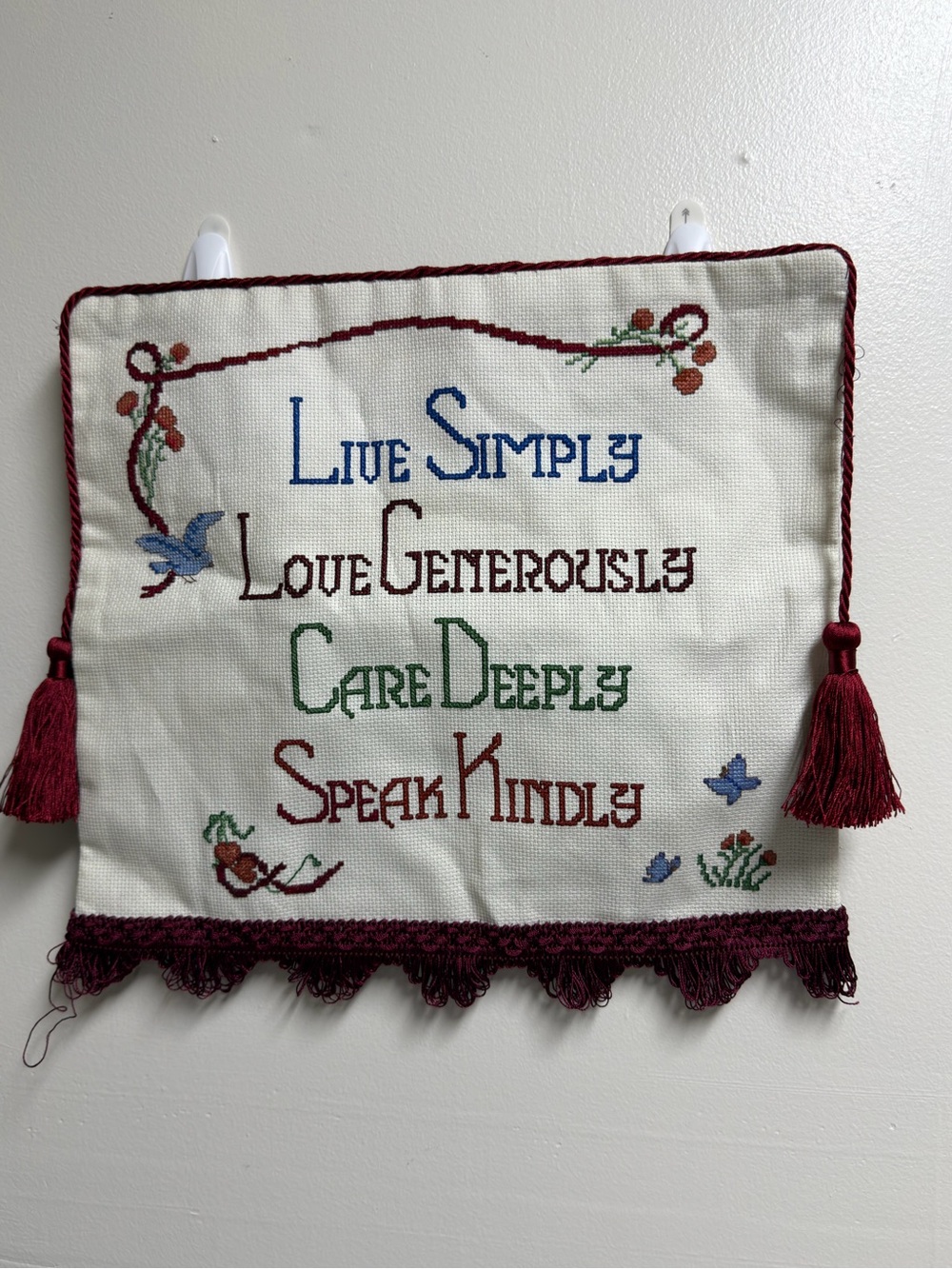 Vintage Embroidered Wall Hanging - "Live Simply" Floral Motto